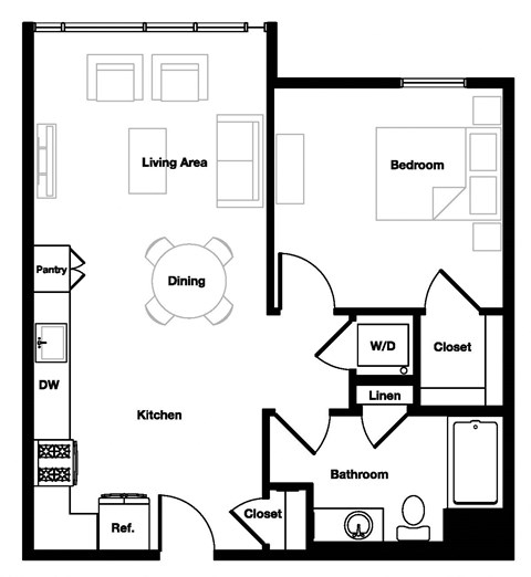 Floor plan for 1 bed, 1 bath, 729 sqft